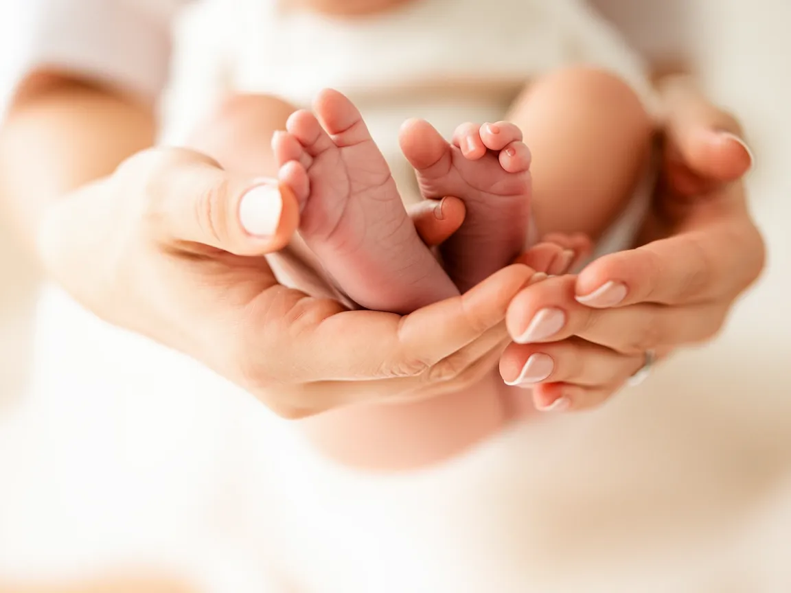 piedi di un neonato all'interno delle mani di un adulto