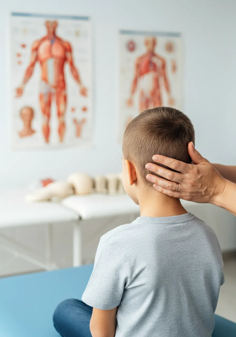 foto di un bambino visitato in uno studio medico. le mani di un uomo sono posate dolcemente sul capo del bambino. sul muro di sfondo, poster del corpo umano con focus sulla muscolatura